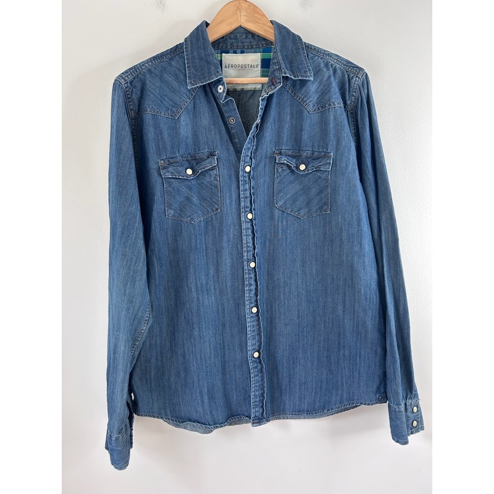 VTG Aeropostale Mens Blue Denim Western Snap Button Down Shirt Sz M Y2K 90s